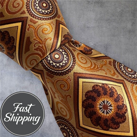GIANFRANCO FERRE Made in Italy Silk Tie Geometric 100% Silk Necktie Brown/Tan - Picture 6 of 6